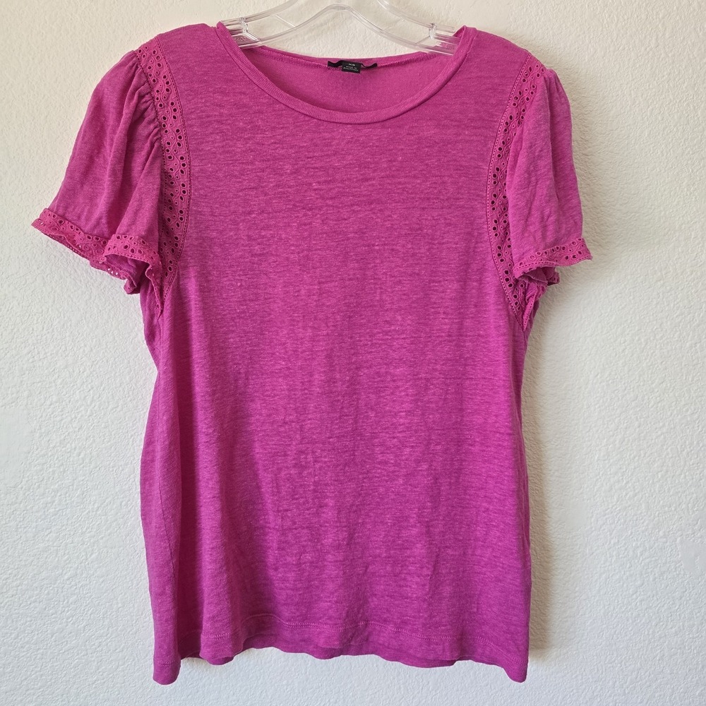 J. Crew Women's XS Hot Pink Short Sleeve Top 100% Linen Lace Broderie Breathable